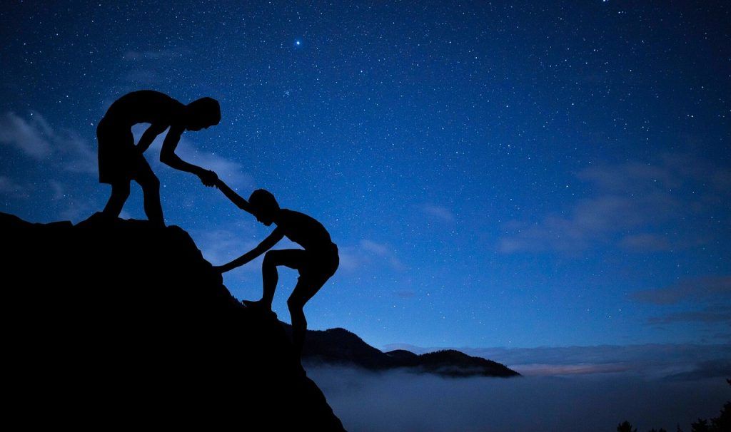 men, mentor, help, climbing, mountain, stars, nature, hand, adventure, sky, mountain top, night sky, teamwork, people, achievement, silhouette, together, success, friendship, mentoring, partnership, people silhouettes, blue sky, blue mountain, blue help, blue stars